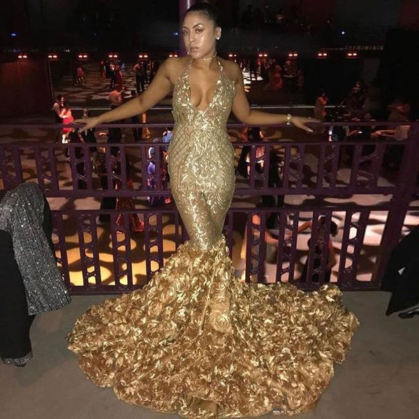 

luxury gold mermaid lace prom dresses halter deep v neck sequined backless formal dress ruffled sweep train plus size evening gowns, Black