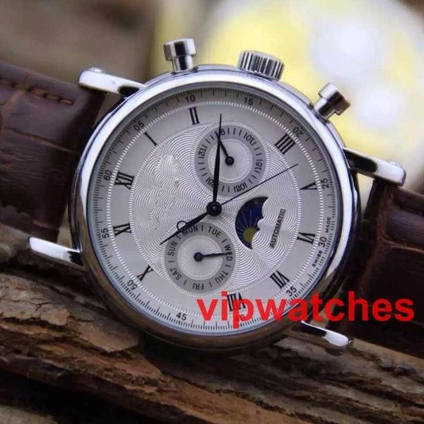 

new arrivals gold automatic mechanical watch brown leather strap mens business moon phases dress casual watches reloj wristwatches, Slivery;brown