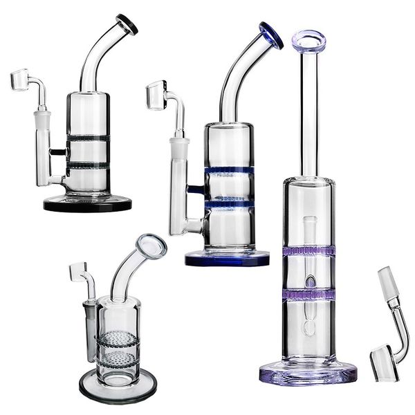 Tubo Reto Bongos De Vidro Honeycomb 2 Camadas Fumar Hookah Pipe Water Oil Rig Roxo Rosa Azul Preto Cera Erva Tabaco Dabber Pipe Heady Bubbler Ash Catcher