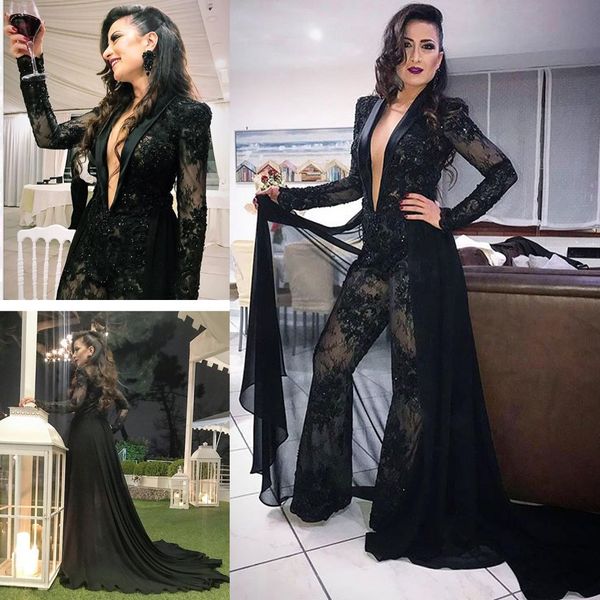 

black jumpsuits prom dresses deep v neck long sleeve lace beads evening dress formal party wear with detachable train
