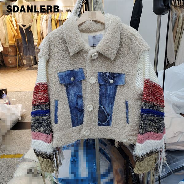 

color knitting tassel sleeve lambs jacket fur jacket women's winter jackets faux fur coat short coat chaquetas mujer 2019, Black