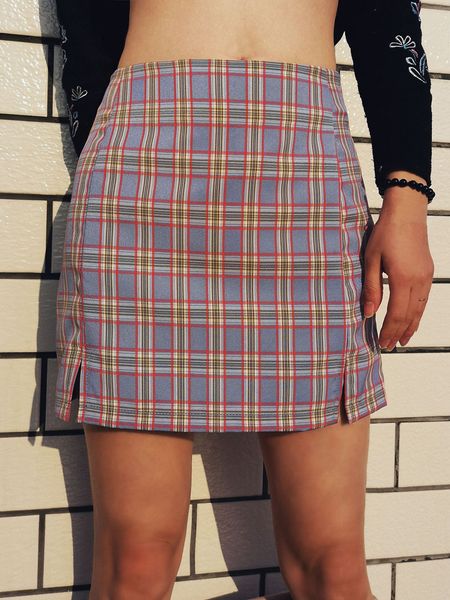 

женская новая мода sexy plaid printed сплит высокой талией bodycon мини-клуб партии вскользь юбка-карандаш, Black