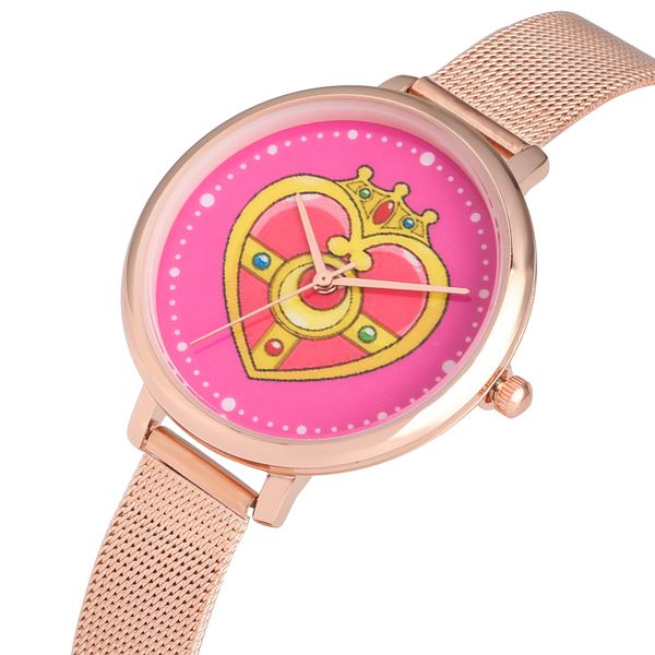 

women's wristwatch sailor moon heart shape pattern dial quartz watch stainless steel/leather strap girls girlfriend watches gift, Slivery;brown