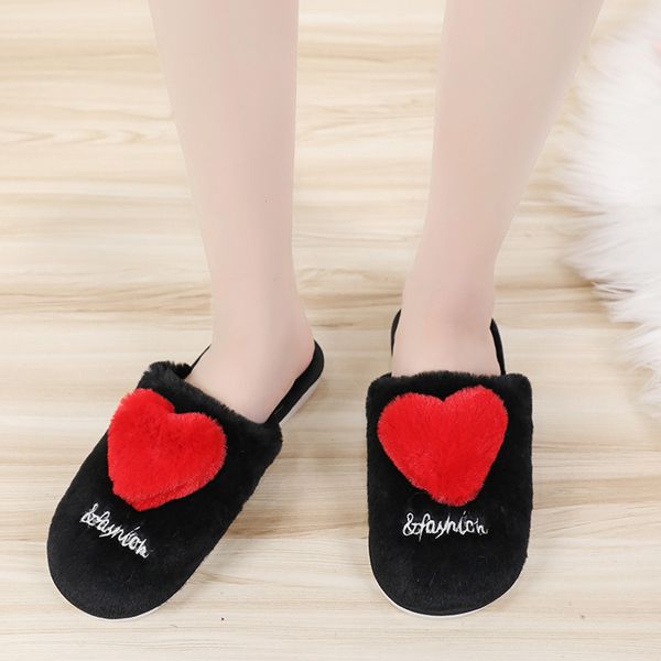 

cute heart warm slippers shoes woman classics cotton indoor non-slip slippers large size non-slip flats drop zapatos, Black