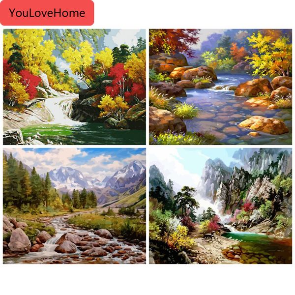 

oil painting by numbers river scenery drawing on canvas handpainted tree picture art kits diy gift home decoration