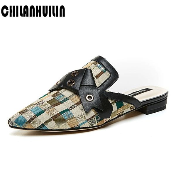 

plus size women shoes slippers leather bowtie female mules fashion low heels casual pointed toe elegant ladies sandals slides, Black