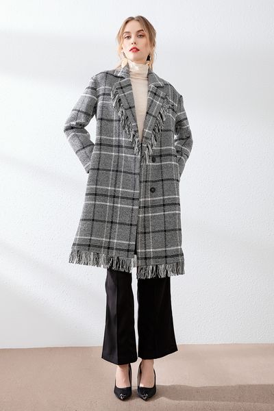 

2019 winter new woolen coat women's medium long black and white thousand bird pattern versatile windbreaker fashion woolen coat