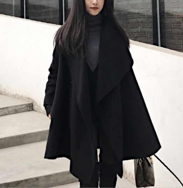 

plus size 2xlwomen loose coat batwing wool poncho winter warm jacket cloak cape parka outwear, Black