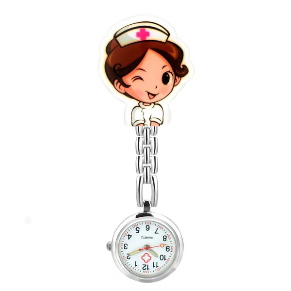 

shellhard 6 styles cute cartoon nurse watch fashion beautiful girl pattern luminous pin quartz pocket brooch fob nurse watch, Slivery;golden
