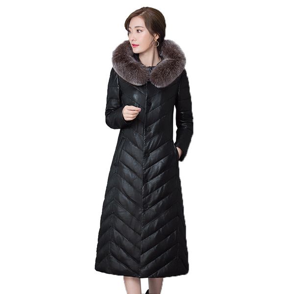 

plus size leather down coat winter jacket women long down parkas real fur collar hooded warm snow wear overcoat 5xl black red luxury