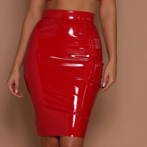 

women shiny wetlook high waist zipper tight bandage bodycon clubwear skirts, Black