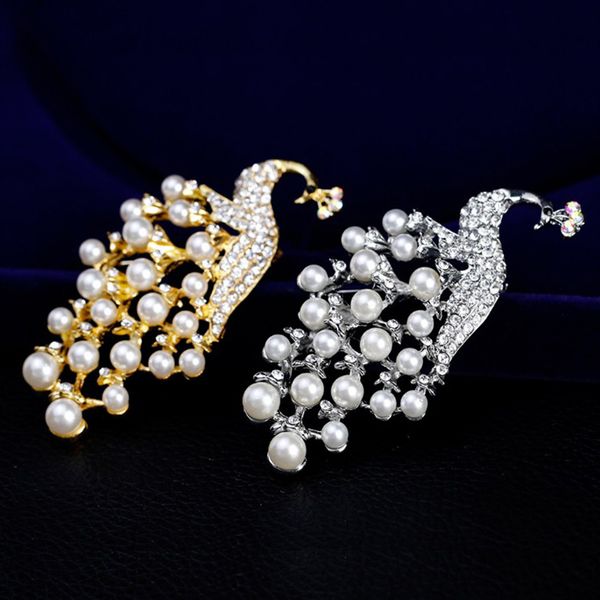 

elegant pearl peacock bouquet brooch animal peacock brooch pins rhinestone feather brooches women wedding bridal party jewelry, Gray