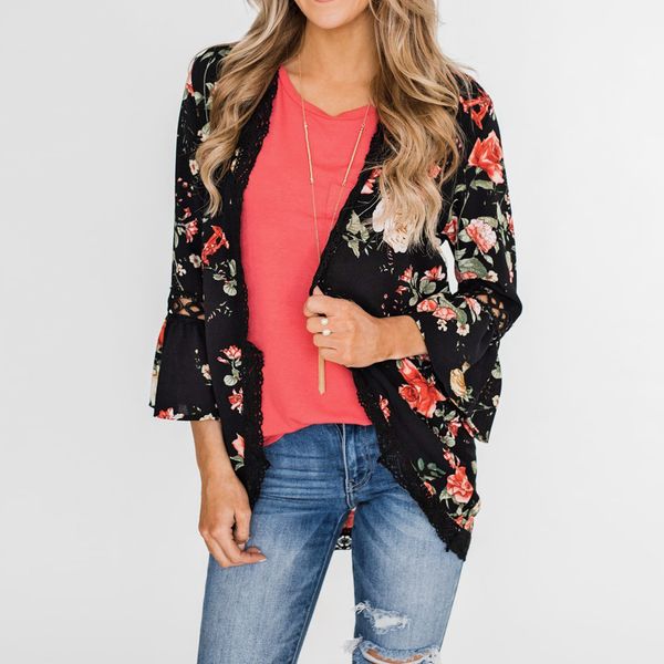 

2019 women lace patchwork chiffon floral print bikini cover up swimwear beach pareos smock cardigan beach tunics swimsuits capes, Blue;gray