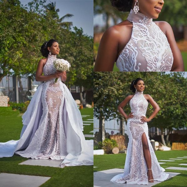 Africain Halter dentelle sirène robes de mariée avec jupe amovible 2020 Illusion dentelle appliques mariage robes de mariée robes de mariée BC4095