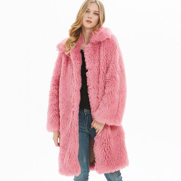 

pink long jacket coat women winter 2019 thick warm oversized chunky outerwear overcoat women faux lambswool fur coats, Black