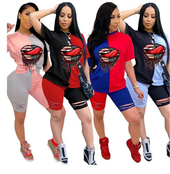 

women lips print tracksuit designer two piece outfits patchwork color block t-shirt ripple hole shorts set summer sport suit s-3xl d7101, White