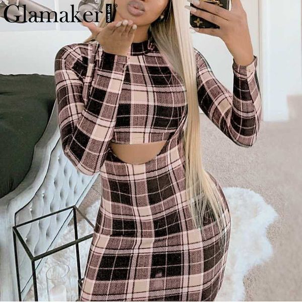 

glamaker plaid vintage hollow out 2 piece suit women dress autumn mini bodycon dress elegant party long sleeve lady vesidos, Black;gray