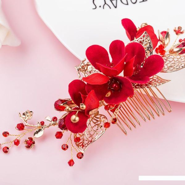 

beijia handmade red flower hair comb wedding prom hair accessories gold leaf bridal combs headwear women jewelry, Slivery;golden