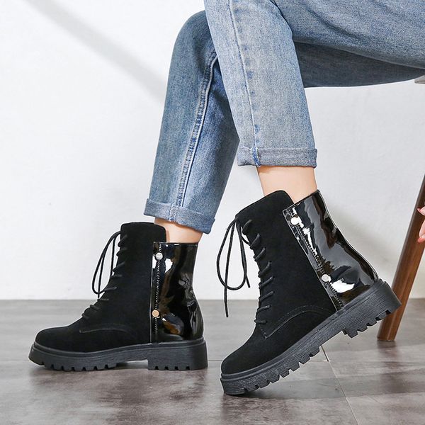 

женские короткие сапожки зима ремень замша lace up теплый причинно обувь британский стиль snow bootie женская обувь drop доставка, Black