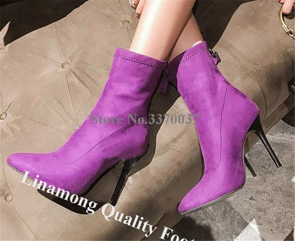 

linamong fashion pointed toe suede leather stiletto heel short boots purple black high heel ankle booties dress heels shoes