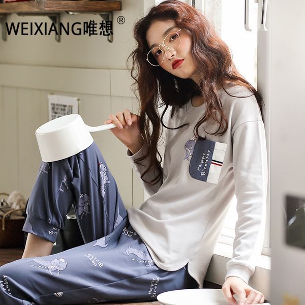 

weixiang women pajamas set summer short sleeve pyjamas cotton sleepwear women night suit tracksuit home clothing for female, Blue;gray