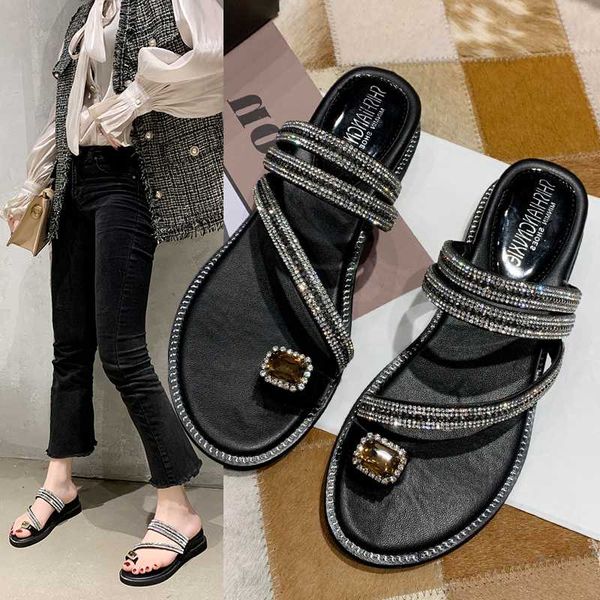 

women sandals bling rhinestone toe ring slippers sandal cross strap flat shoes slip on backless slippers waterproof summer beach, Black