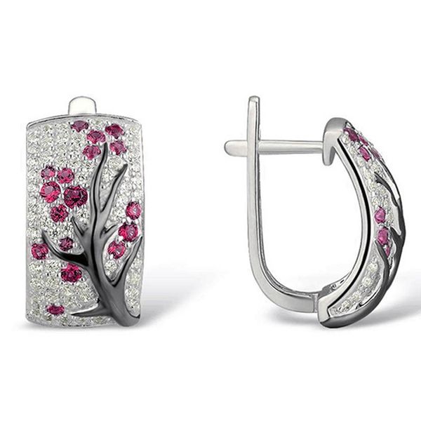 

fashion women crystal cherry blossom stud earrings clear cz pink rose flower branches earring jewelry for mom gift, Golden;silver