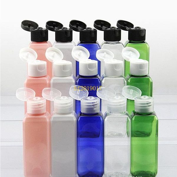300pcs 50 ml (1 2/3oz) verschiedene Farbfunktionen Plastik Pet Flasche Quadrat -Probenflaschen mit einfacher Flip -Kappe Großhandel