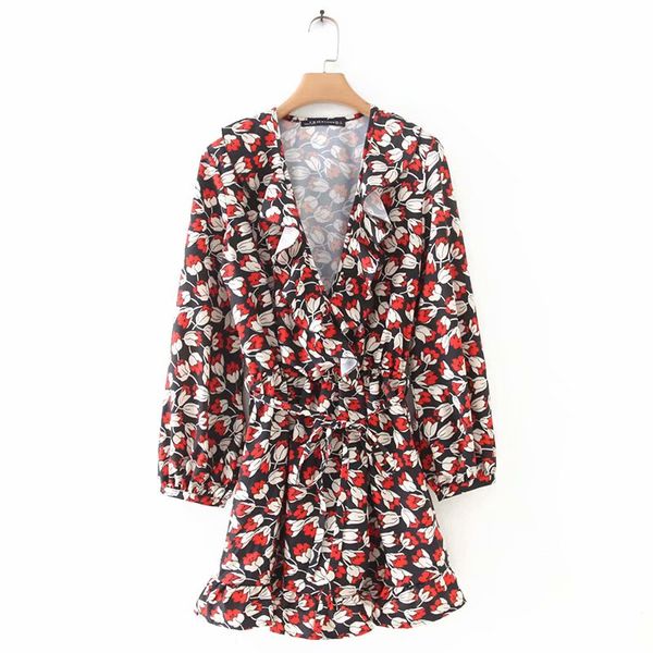 

new women elegant cross v neck floral vestidos print ruffles lace up mini dress autumn ladies elastic waist chic dresses ds2892, Black;gray