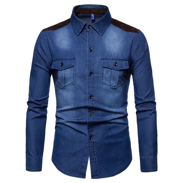 

pockets panelled mens casual denim shirts fashion solid color mens designer denim shirts casual males clothing, White;black