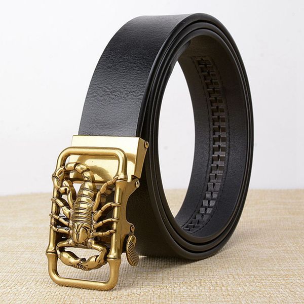

latest design scorpion automatic buckle men belts genuine leather causal male jeans waist strap cow leather belts for men cinto, Black;brown