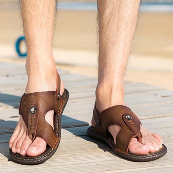 

men sandals pu split leather men beach shoes brand casual shoes slippers sneakers summer flip flops june3, Black
