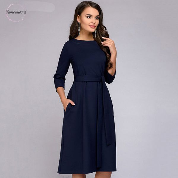 

women dresses color 2019 summer casual dress three quarter sleeves sashes pockets o neck loose mid calf polyester female vestidos, Black;gray