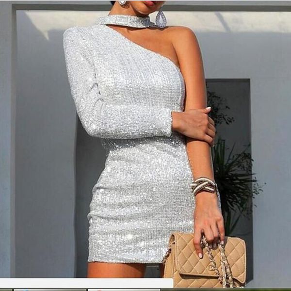 

jocoo jolee women one shoulder glitter party dress silver halter slim mini shiny dresses spring summer bodycon dress mujer, Black;gray