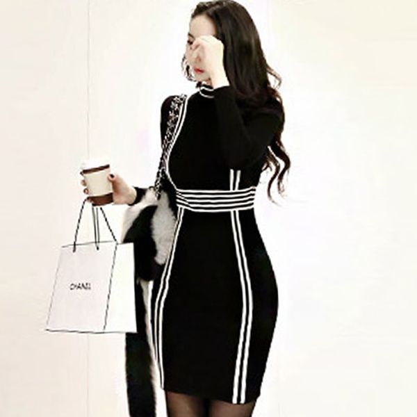 

2019 осень с длинным рукавом черный vestidos sexy mini bodycon полосатый вязание свитер платье, Black;gray