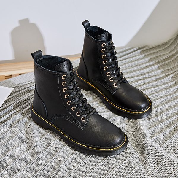 

women's boots autumn leather booties platform rock shoes woman lace up winter footwear round toe boots-women luxury, Black
