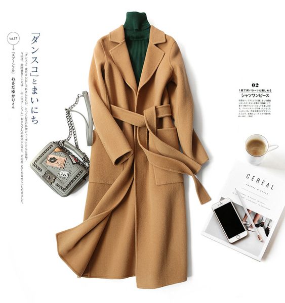 

women wool coat 2018 fashion designer women's autumn winter woolen outerwear belt x-long woolen outwear, Black