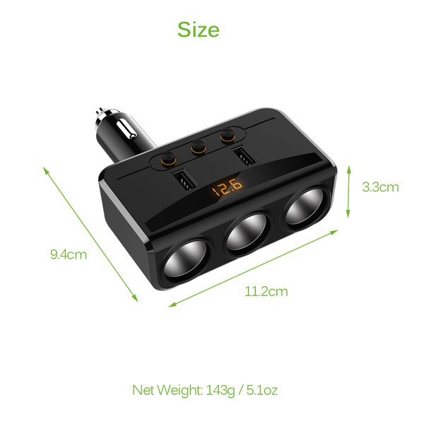 

100w cigarette lighter socket splitter 3.1a dual usb car charger adapter with independent switches and voltmeter lcd