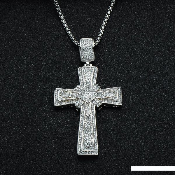 

hip hop cross pendants necklaces titanium stainless steel rhinestone iced out bling pendants necklaces for men jewelry christmas gift, Silver