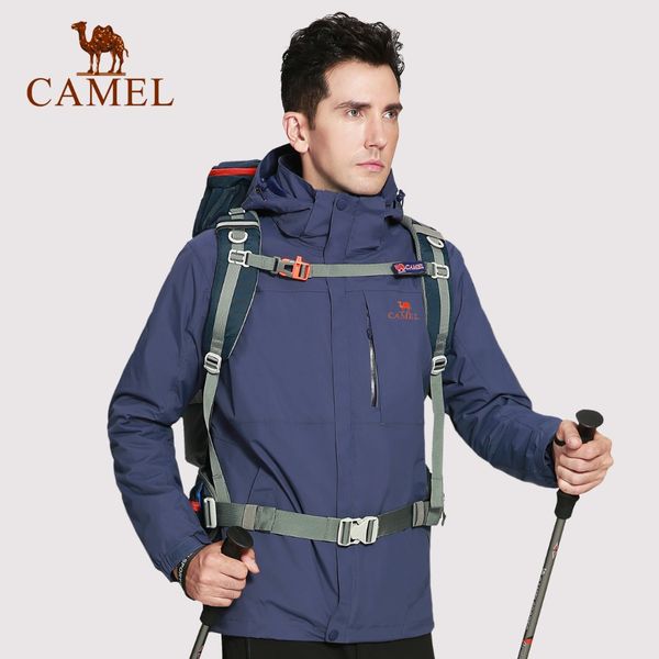 

camel men outdoor 3 in 1 hiking jacket waterproof breathable thermal windbreaker hiking camping skiing snowboard jacket, Blue;black