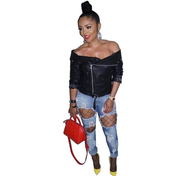 

wholesale streetwear women black pu slash neck off shoulder zipper jacket moto&biker style lady long sleeve df0697g, Black;brown