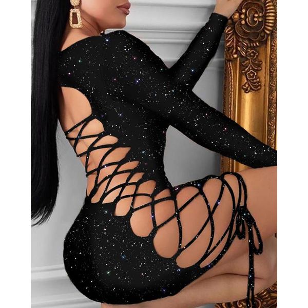 Vestidos casuais moda mulheres sexy bling bodycon mini vestido longo manga glitter bandagem oca out lace up noite festa clube senhoras