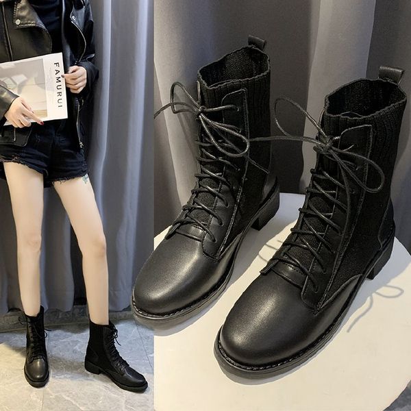 

women's rubber boots booties woman 2019 low heel female shoes lace up round toe winter footwear boots-women rain ladies autumn, Black