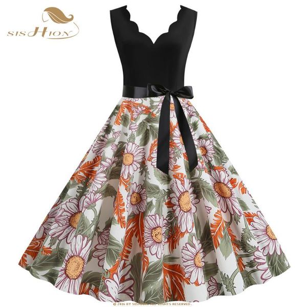 

sishion 2020 new sleeveless floral print dress vintage v neck female summer swing dress women sp1056, Black;gray