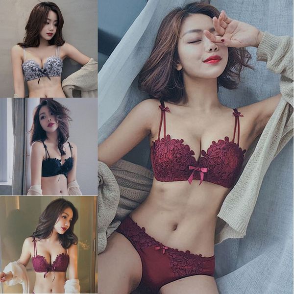 

*fashion ladies lace floral bow back closure 3/4 cup no trace no steel ring gathered adjusted straps bra underwear set, Red;black