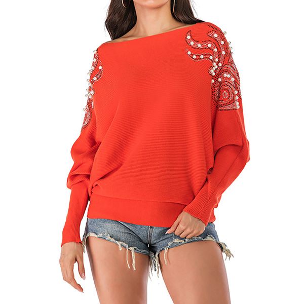 

2020 весна вязаный свитер женщины повседневная batwing с длинным рукавом бисером свитер пуловер свободные o шеи jumer топы sueter mujer s-xl, White;black