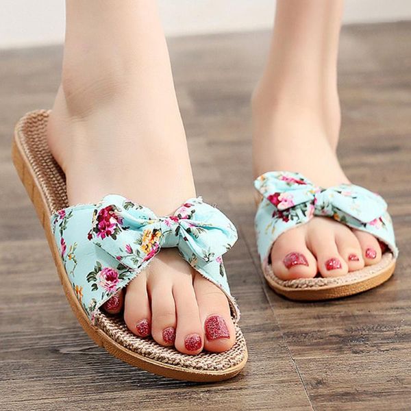

casual slip summer lovely women female bohemia bowknot flax linen flip flops beach shoes sandals slipper zapatos de mujer #3, Black