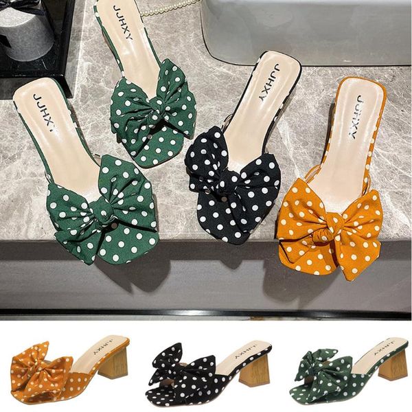

new ladies bow tie sand slippers summer female indoor outdoor comfy beauty slippers bowknot wave square heels shoes 37-43, Black