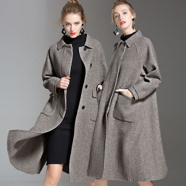 

long woolen blends cashmere coats for women 2019 autumn winter ladies jackets plus size overcoat double sided grey herringbone, Black