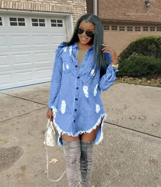 

denim shirt dress fashion hiphop style ripped jeans dresses casual long sleeve dress women designer blue, Black;gray